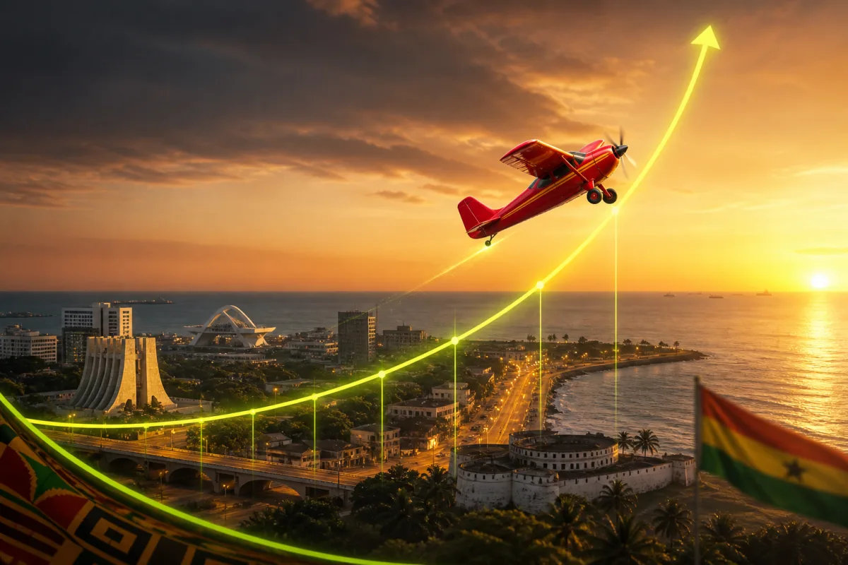 Red airplane following a rising game curve above a Ghana-inspired Accra coastal landscape