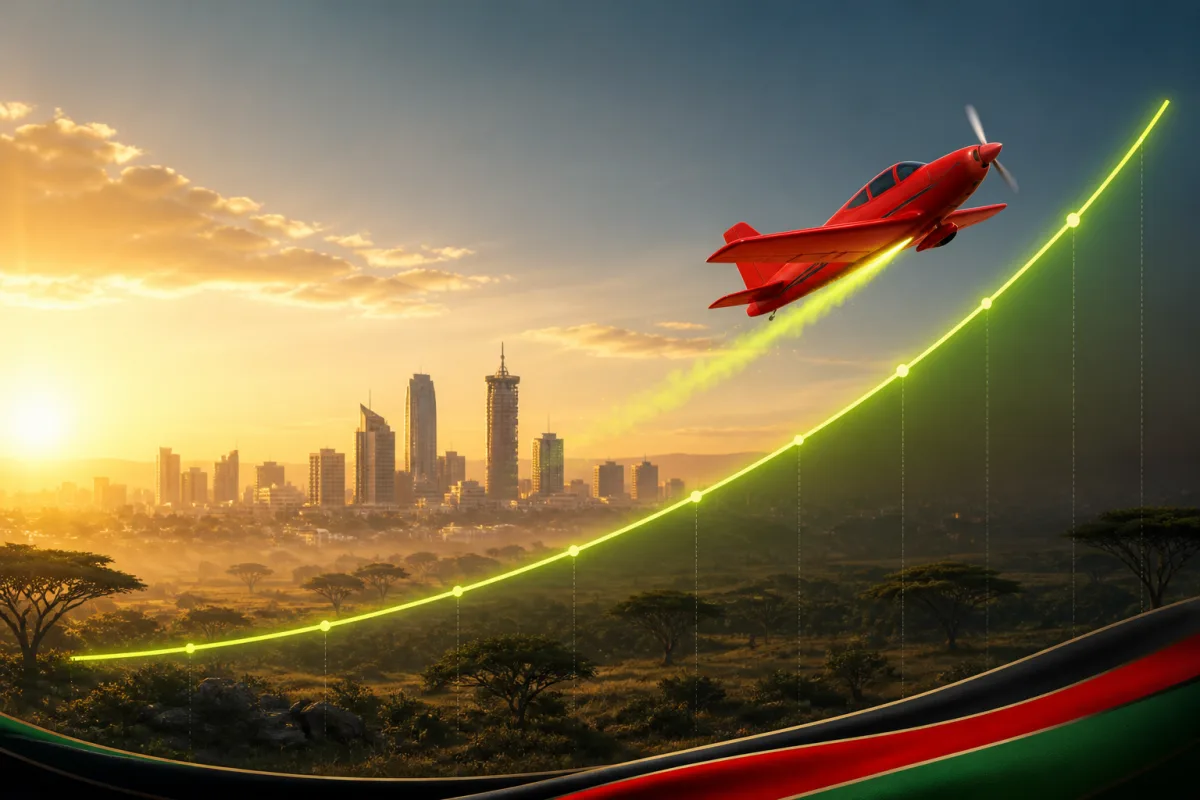 Red airplane following a rising game curve above a Kenya-inspired Nairobi and savanna landscape