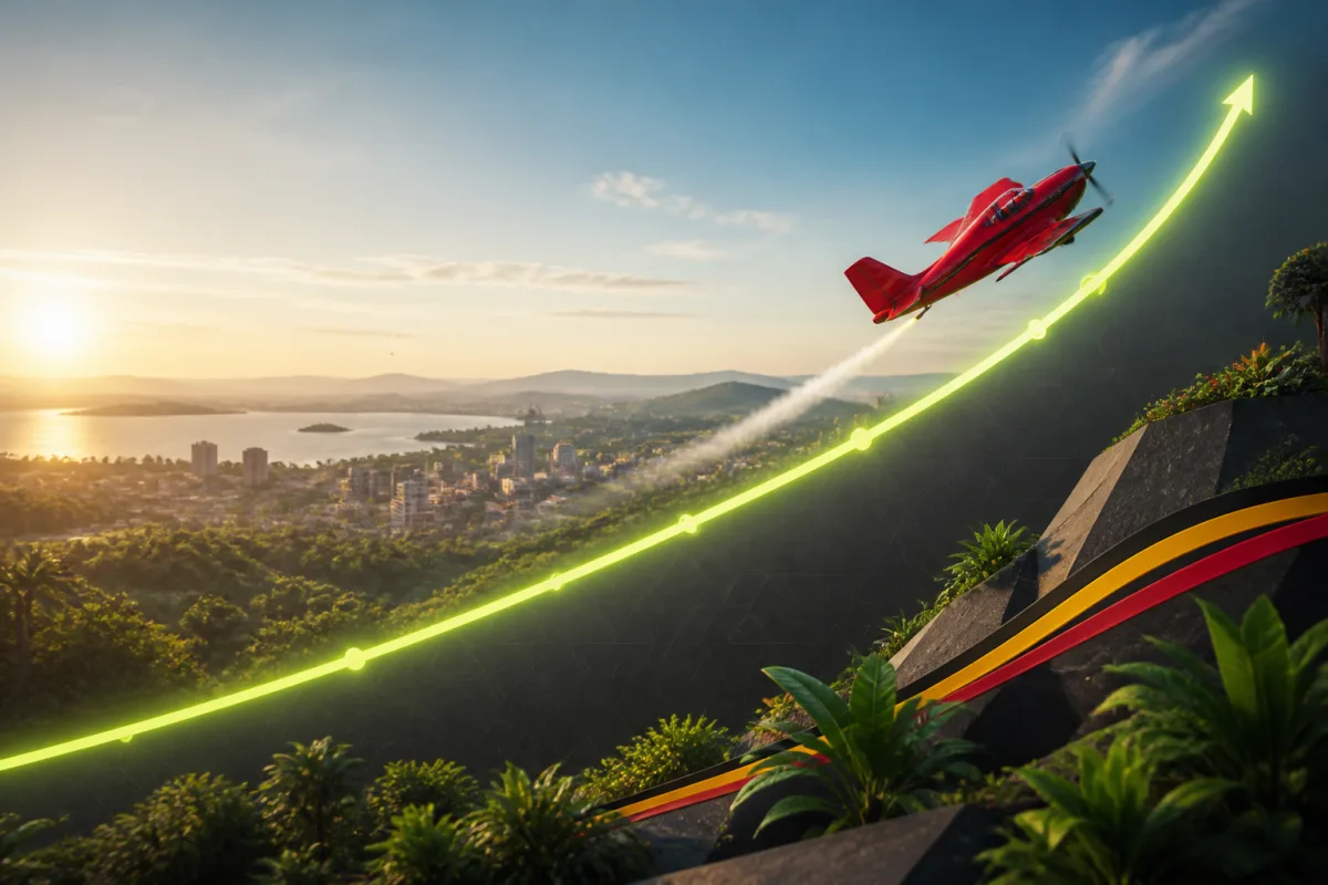 Red airplane following a rising game curve above a Uganda-inspired Kampala and Lake Victoria landscape