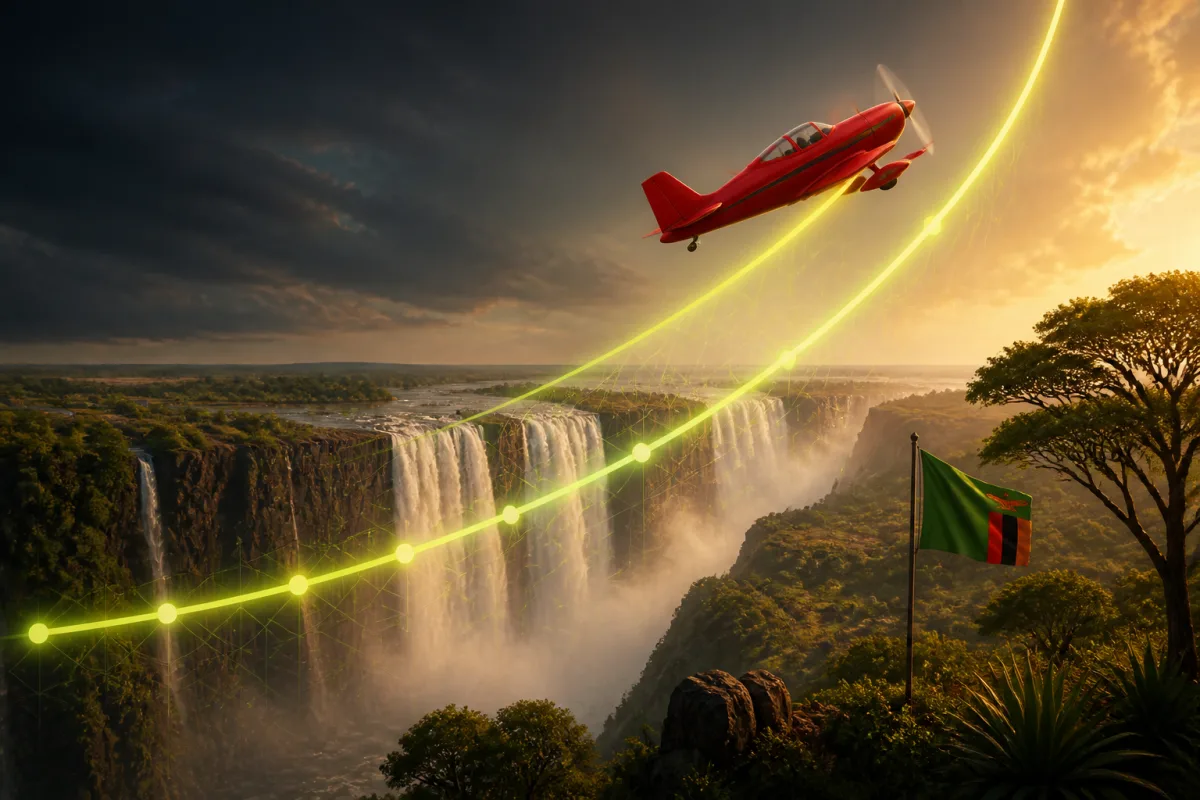 Red airplane following a rising game curve above Zambia-inspired Victoria Falls